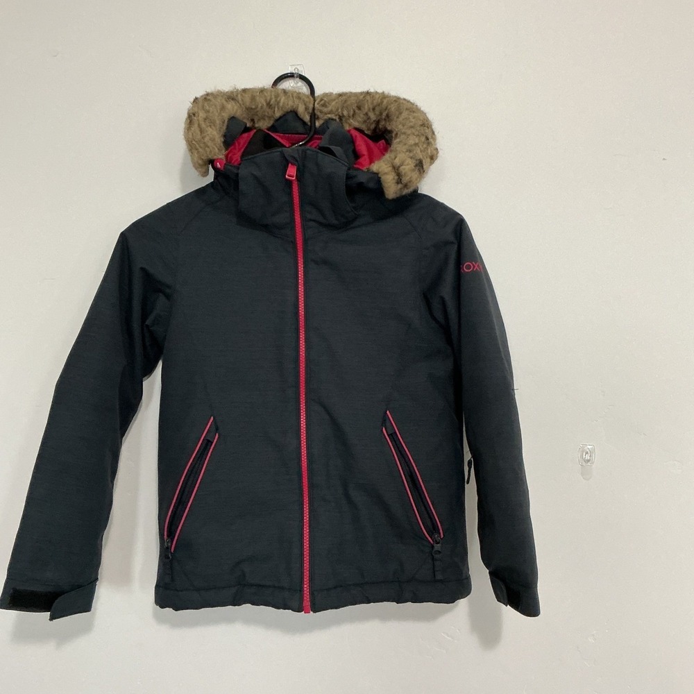 Roxy Kids Ski Snowboard‎ Jacket Faux Fur Hood Waterproof Insulated Pink Trim